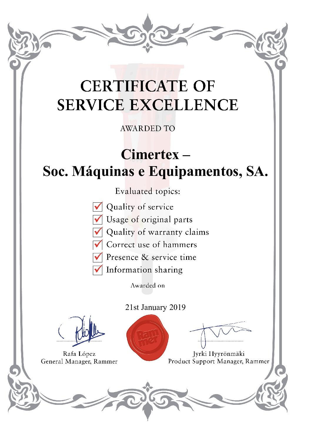 Rammer Assigns Certificate of Service Excellence to Cimertex